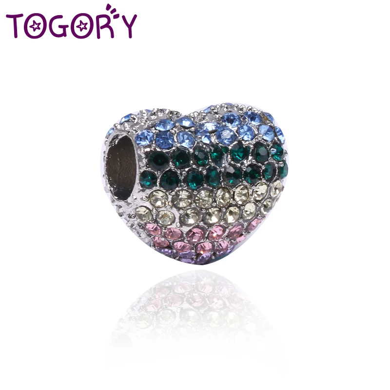 TOGORY 2 шт./партия посеребренные Подвески хрустальные бусины в форме сердца подходят для тонкого шарма браслет Подвеска «сделай сам» ювелирные аксессуары