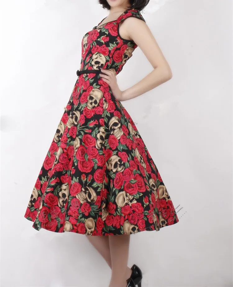 Женское винтажное платье миди с принтом черепа розы без рукавов рокабилли пинап