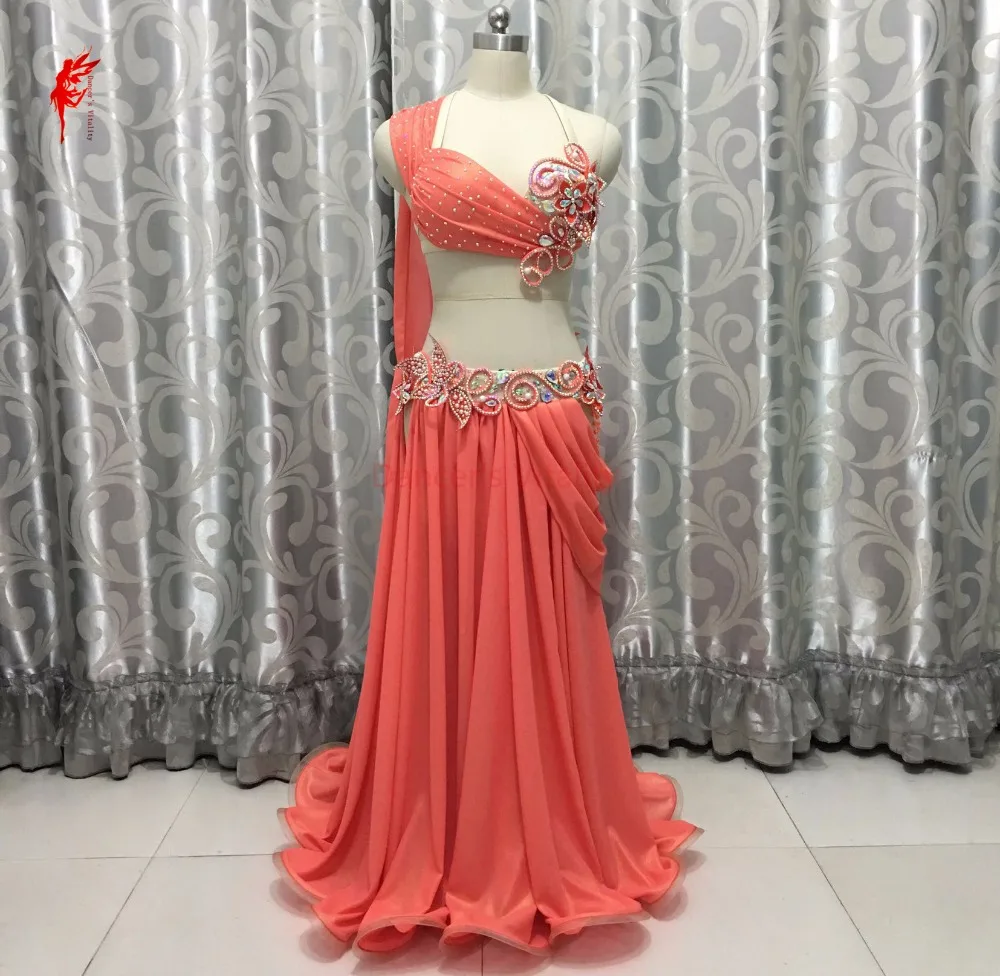 Новая Индия танец живота одежда роскошный ручной бюстгальтер топ + шифон юбка 2