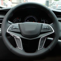 car styling new anti slip black color pu leather with red thread steering wheel stitch on wrap cover for cadillac xts srx ct6