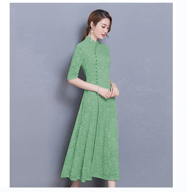 new vintage Lace Long dress women Summer Chinese Style A-Line dress Solid color Half sleeve Ankle-Length dress women
