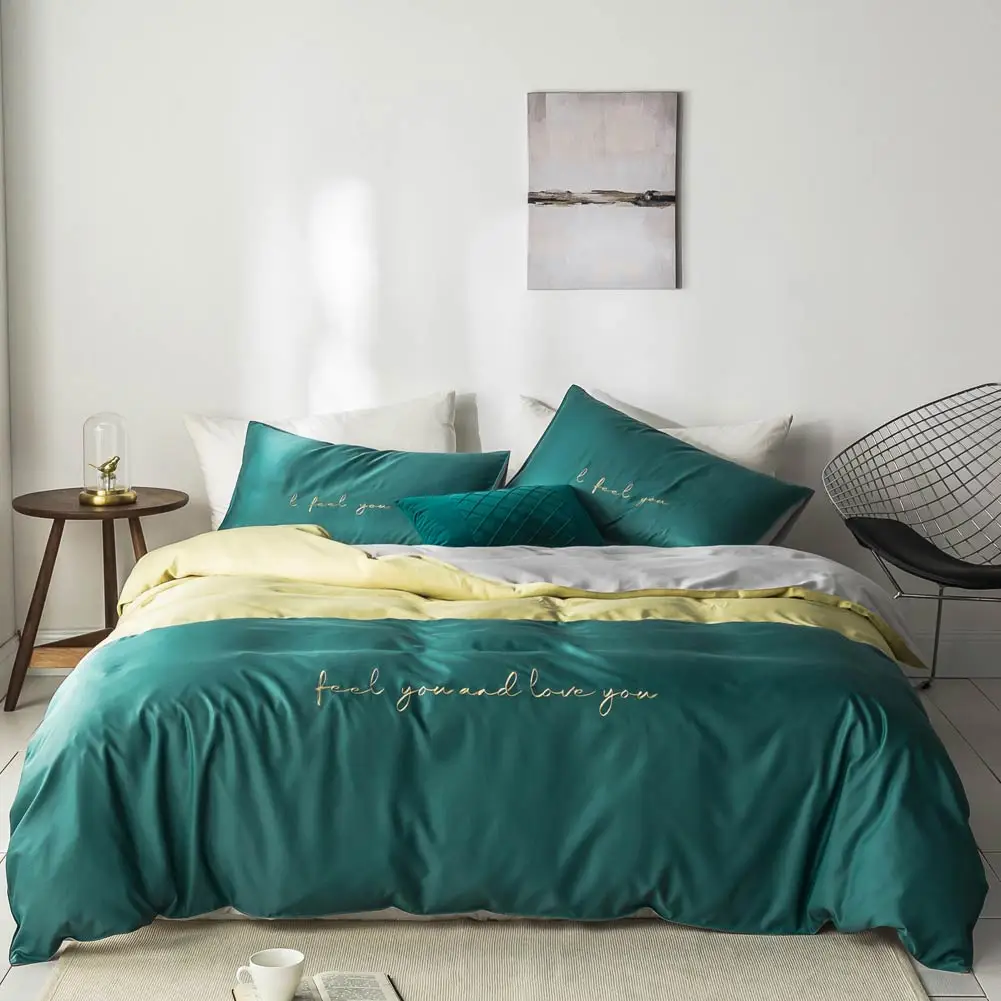 Nordic Light Green Dark INS Embroidery Bedlinens Artificial Silk Satin Duvet Cover Set Queen King Bedsheet Bedding Set