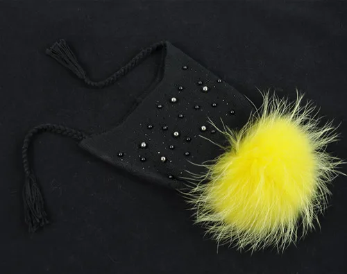 Black yellow fur Детская меховая шапка с помпонами, зимняя теплая, настоящий большой меховой шарик, шапка с тесьмой, Детская эластичная вязаная шапочка, шапки для мальчиков и девочек - Цвет: Black yellow fur