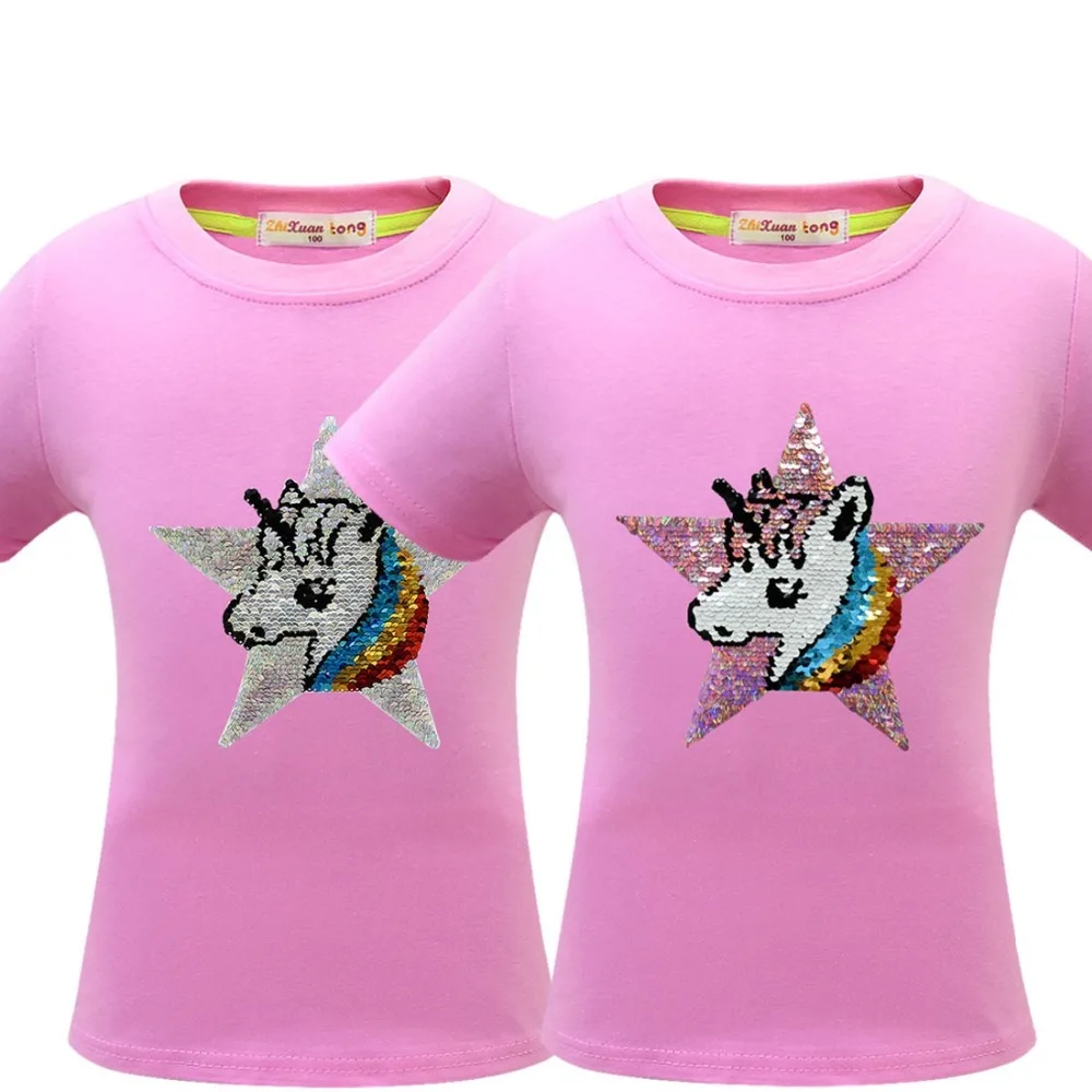 Футболка с единорогом летняя одежда для маленьких девочек Camiseta Unicornio, футболка топы для девочек, Femme, Детская футболка, Enfant, для дня рождения, цветная, с блестками