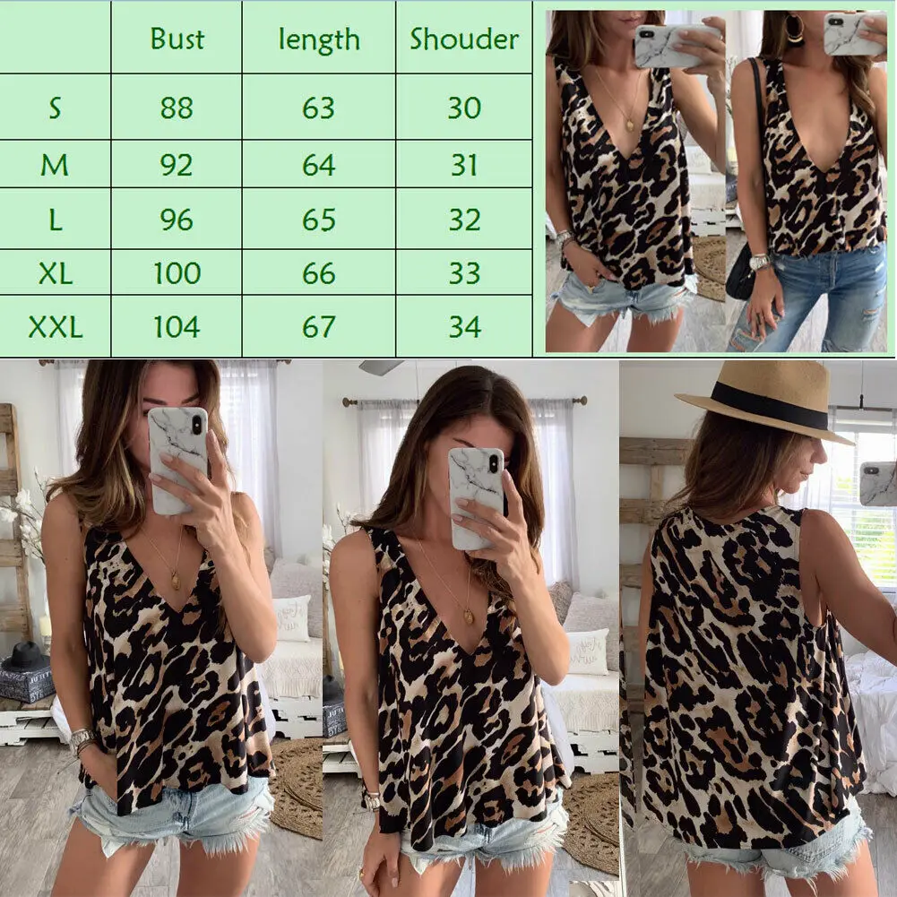 

2019 New Style Women's Lace Deep V Neck Casual Loose Leopard Print Sexy Fashion Sleeveless Blouse Hot Tops