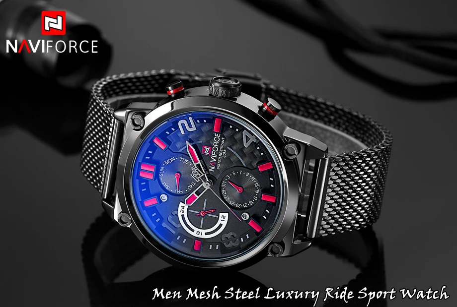 Топ бренд NAVIFORCE мужские модные повседневные кварцевые часы мужские с сетчатым ремешком из нержавеющей стали 24 аналоговые часы Relogio Masculino