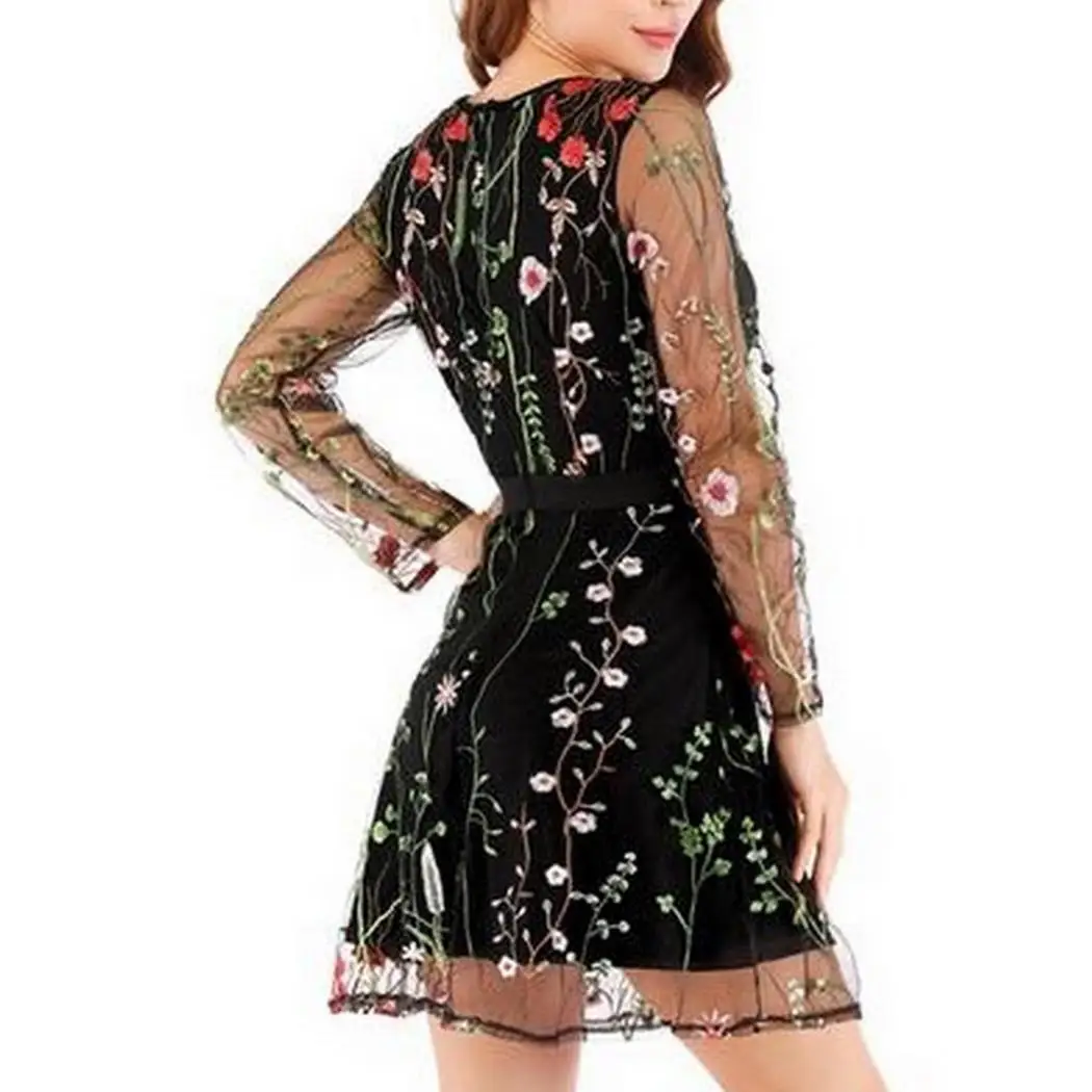 Женское повседневное Сетчатое платье с круглым вырезом и длинным рукавом