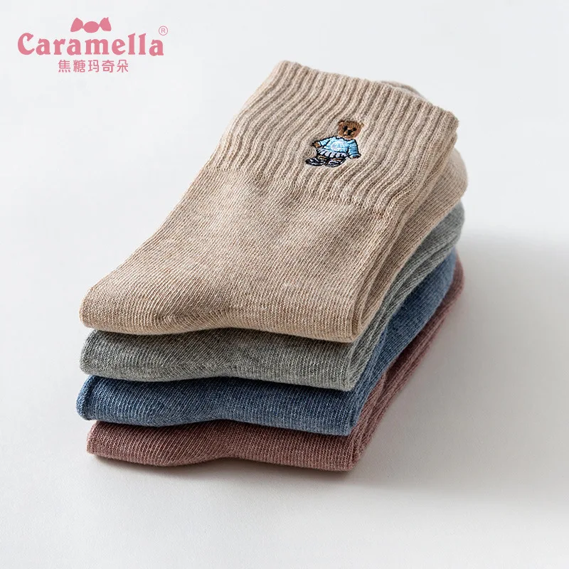 Caramella, 4 пар/кор. носки с вышивкой медведя, хлопковые милые рождественские теплые носки с милыми мультяшными героями для женщин, студенческий стиль стрейч