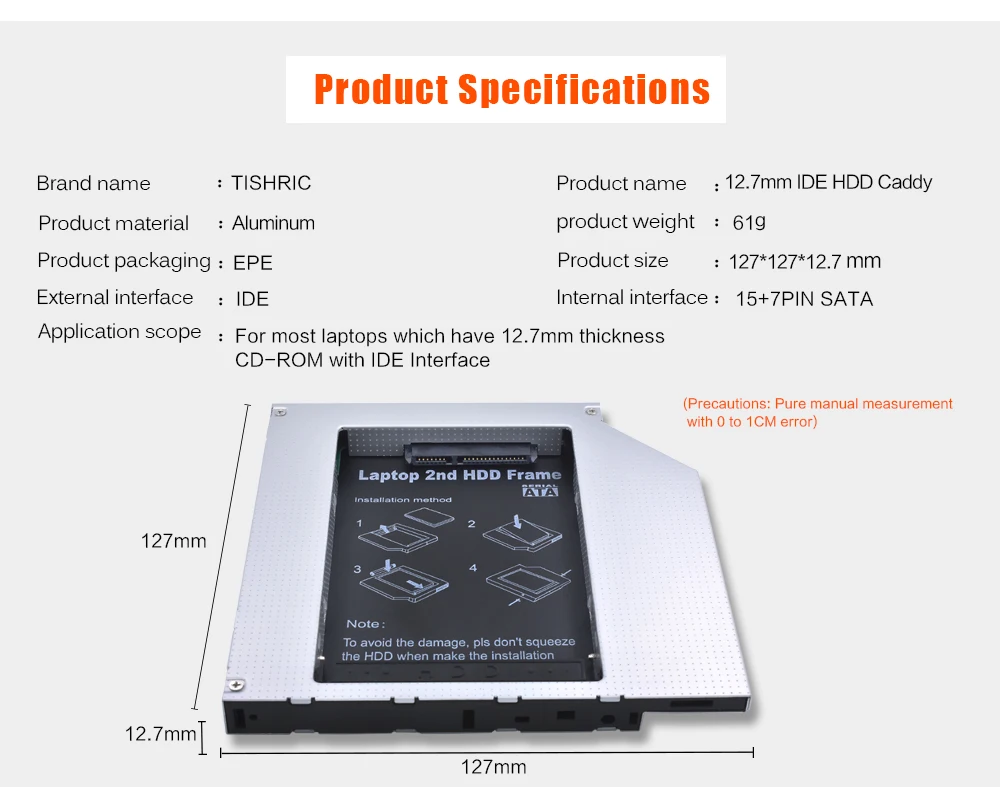 TISHRIC ноутбук ODD DVD-ROM Optibay алюминиевый 2nd HDD Caddy 12,7 мм IDE to SATA 2,5 дюймов чехол для SSD, HDD корпус