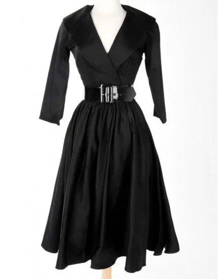 Черное ретро платье в стиле пин ап винтажное весеннее 50 х годов рукав 3/4 v образный