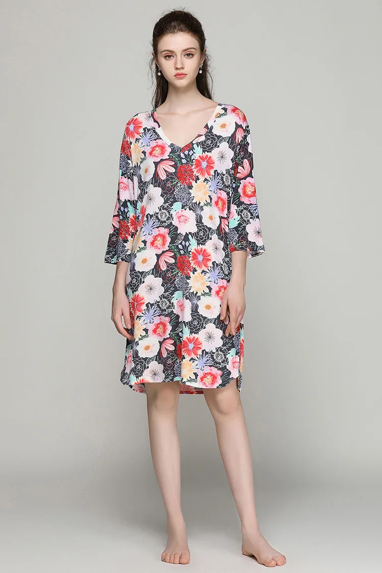 Nightgowns for Women V-neck Flora Printed Loose Casual Home Dress Sexy Lingerie Sleepwear Sleepshirts Nightdress | Женская одежда