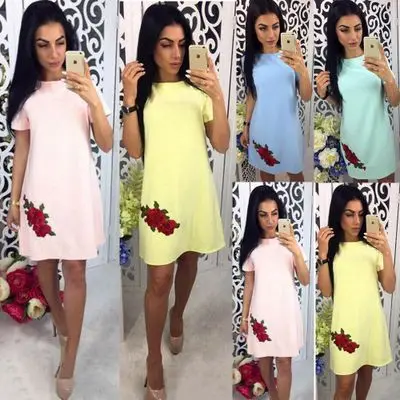 Женское платье с аппликацией розы круглым воротником короткими рукавами