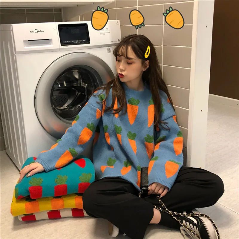 Женский свитер ulzzang с длинным рукавом и принтом моркови в Корейском стиле