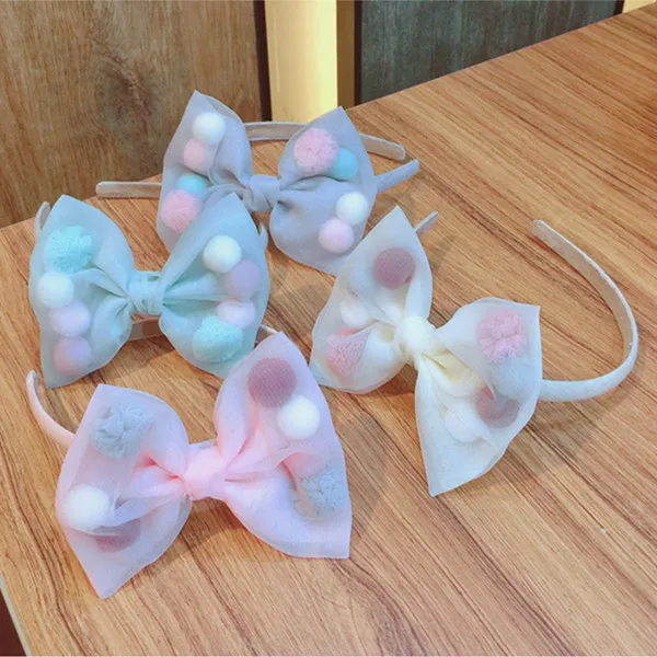 mixed colors 10 шт./лот большой бант марли сетка Hairbands органза волосы лук жесткое оголовье розовый бант с помпоном повязка на голову - Цвет: mixed colors