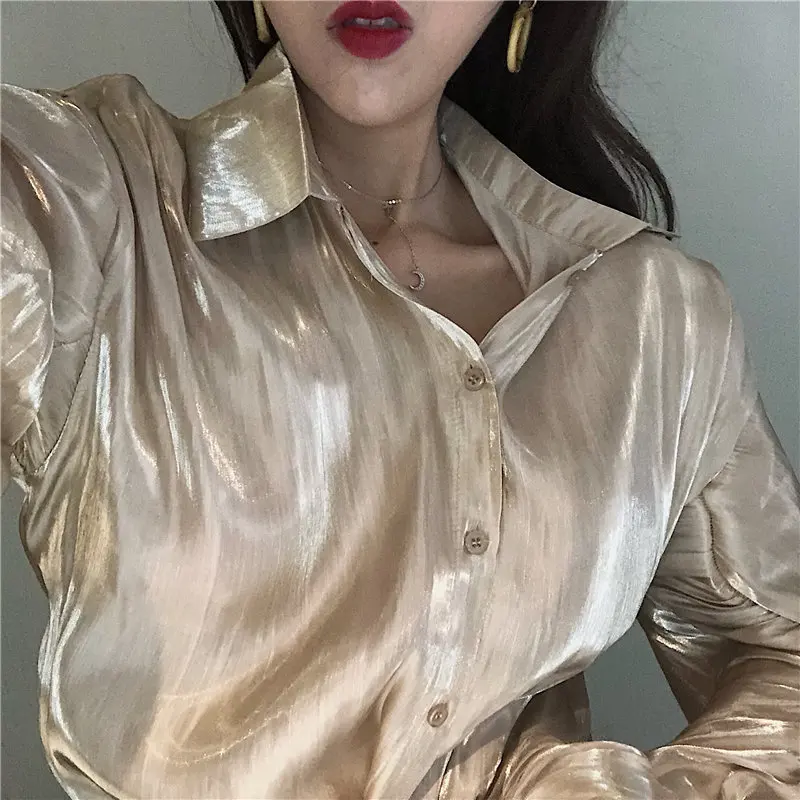 Hzirip Spring Autumn Loose Simple Elegant Sweet Thin Fresh Lantern Sleeves Female Stylish All-Match Free Casual Champagne Shirt |