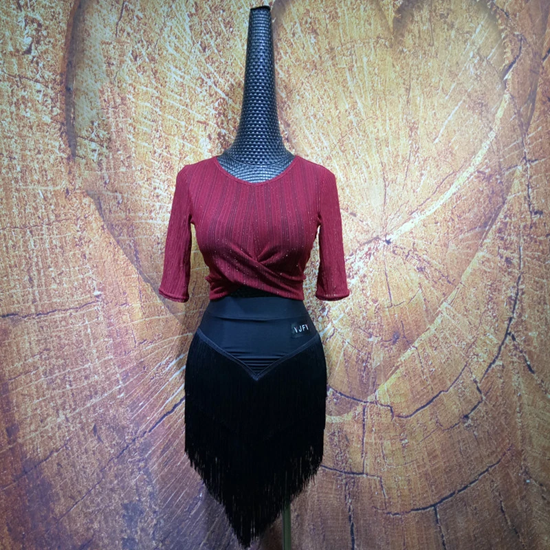 Платье для латинских танцев женщин топы с наклонными плечами и юбка бахромой