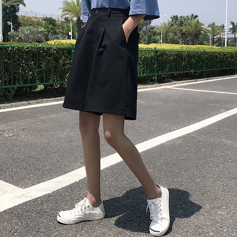 Knee Length Shorts Women Summer Solid Color Elegant Leisure Loose Shorts Trendy Classic Wide Leg Chic Korean Ladies Pockets - Цвет: black