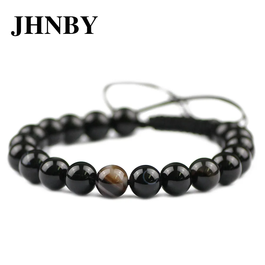 Женский браслет JHNBY Naturral Black полосатый сердолик плетеный эластичный из