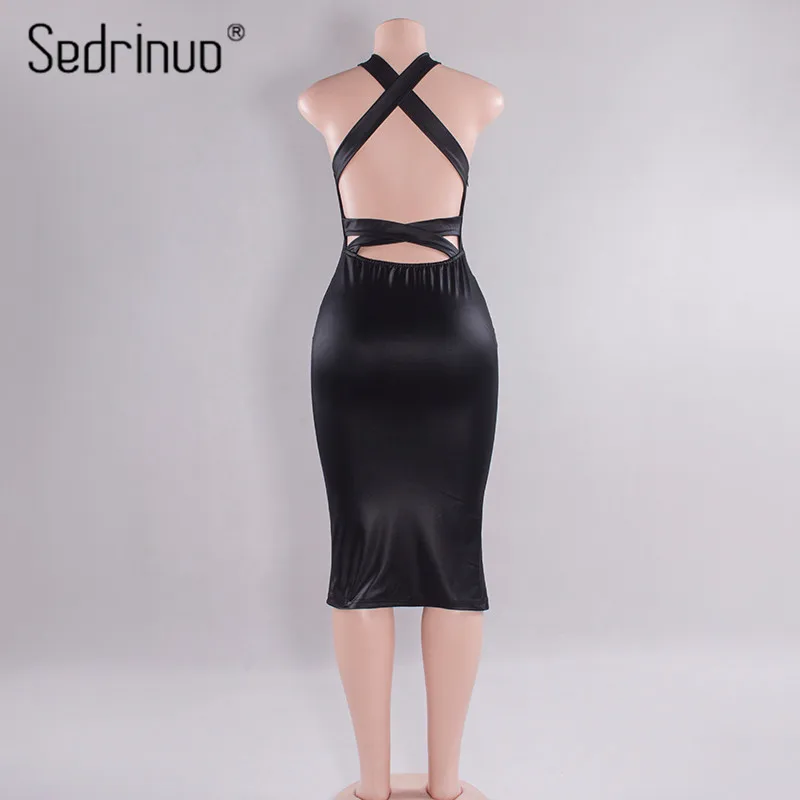 Sedrinuo New Fashion Women Bandage Black Dress Sleeveless Round Neck Cross Backless Ladies PU Leather Bodycon Sexy Party Dresses | Женская