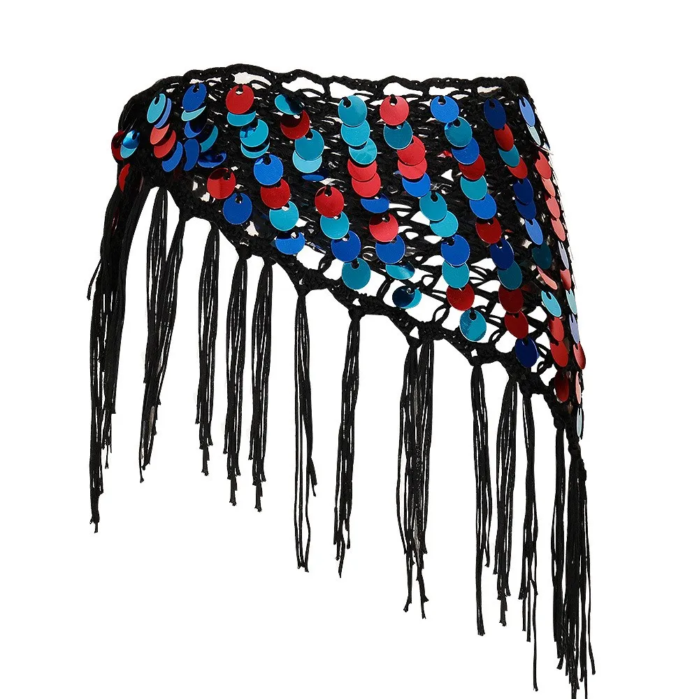 Женская пляжная юбка с блестками Boho Сексуальная мини высокой талией и кисточками
