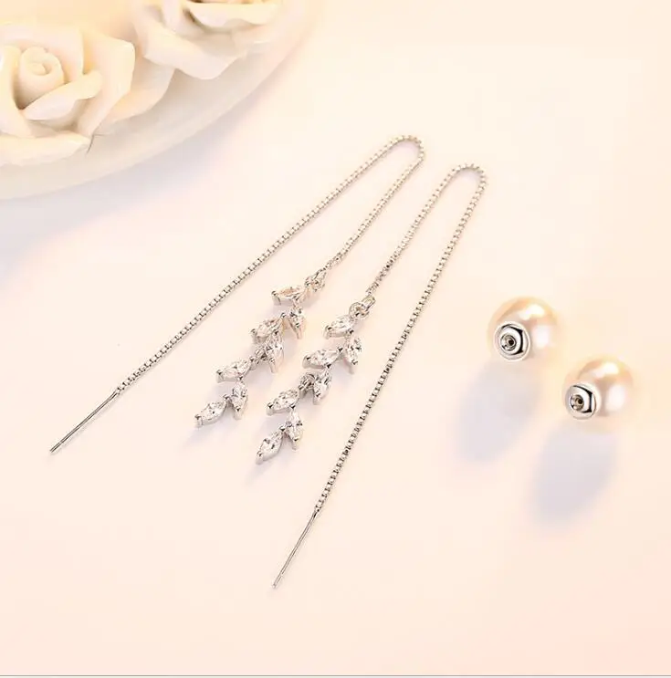 

Tremella Earrings Cherry Leaves Tassel Earrings Female Zircon Pearl Petals Earrings Temperament Long Ear Wire Woman Jewelry