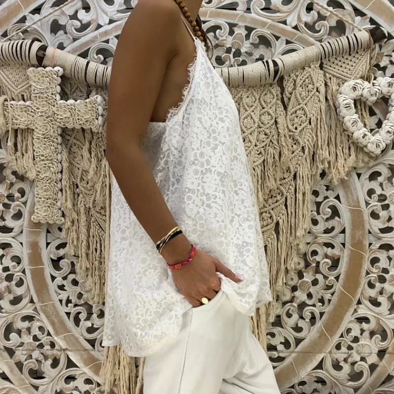 Женский кружевной топ на бретельках с принтом летний Повседневный Свободный Топ