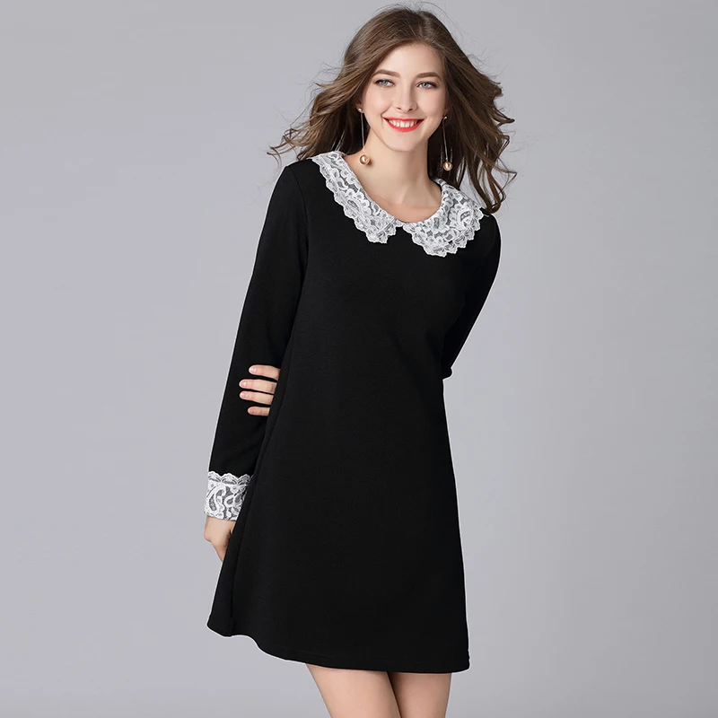 Женское платье трапеция с кружевными манжетами и круглым воротником|Женские