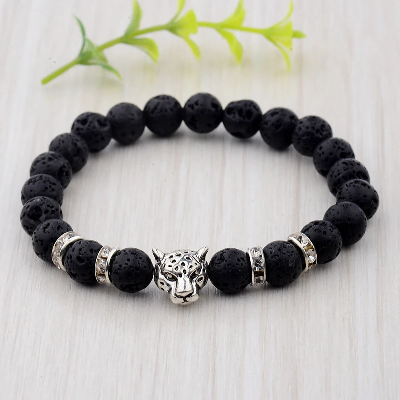 Мужской винтажный браслет DOUVEI матовый черный камень с головой леопарда мощный