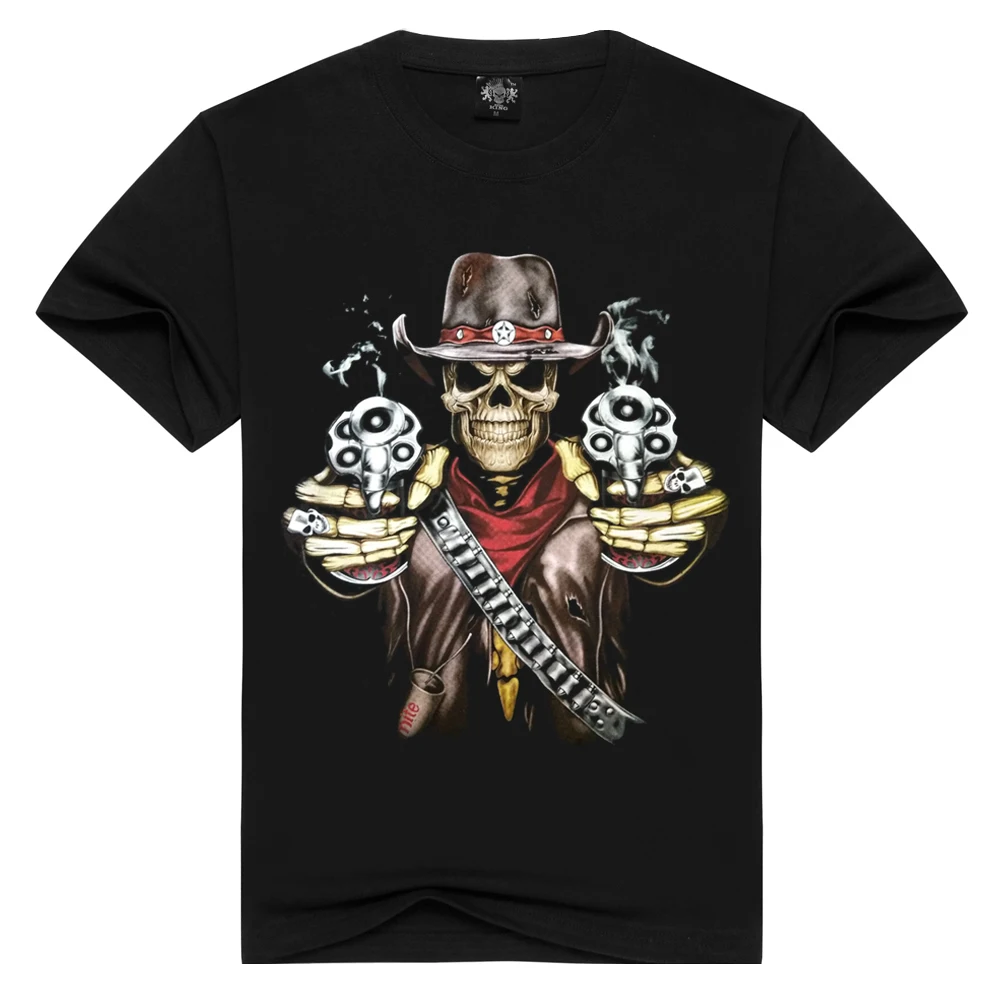 Summer Loose T-Shirt men funny Skull gun Print tshirt cowboy t shirt male Vintage Tshirts top tees black cotton t-shirts | Мужская