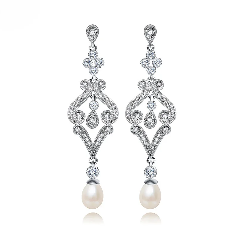 

SLBRIDAL Prong Setting Elegant CZ Crystal Freshwater Pearls Fashion Earring Cubic Zircon Earring Bridal Wedding Drop Earring