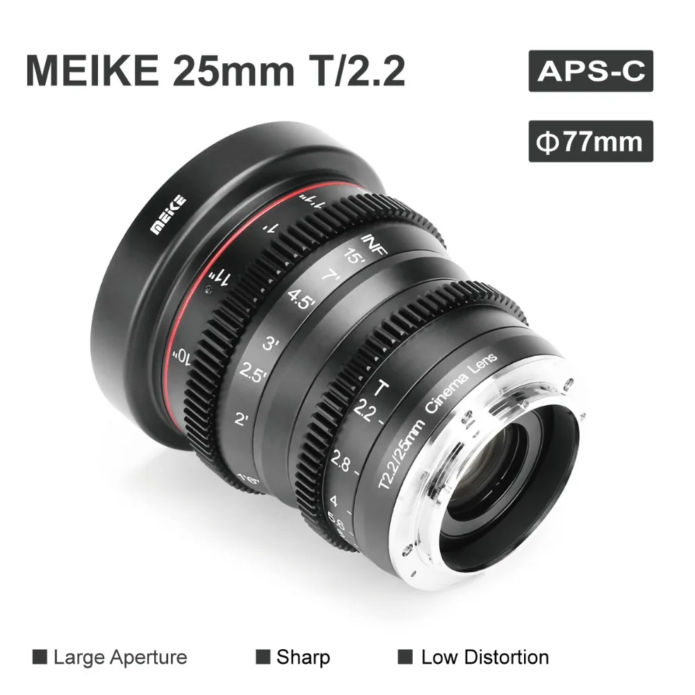 Meike 25 мм T2.2 Большая диафрагма ручной фокус Prime с низким искажением Mini Cine объектив