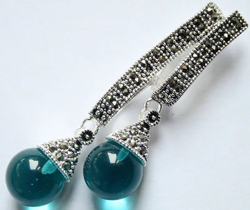 

12mm Two Round blue opal cat eye 925 Sterling Silver Marcasite Pendant 58*20mm