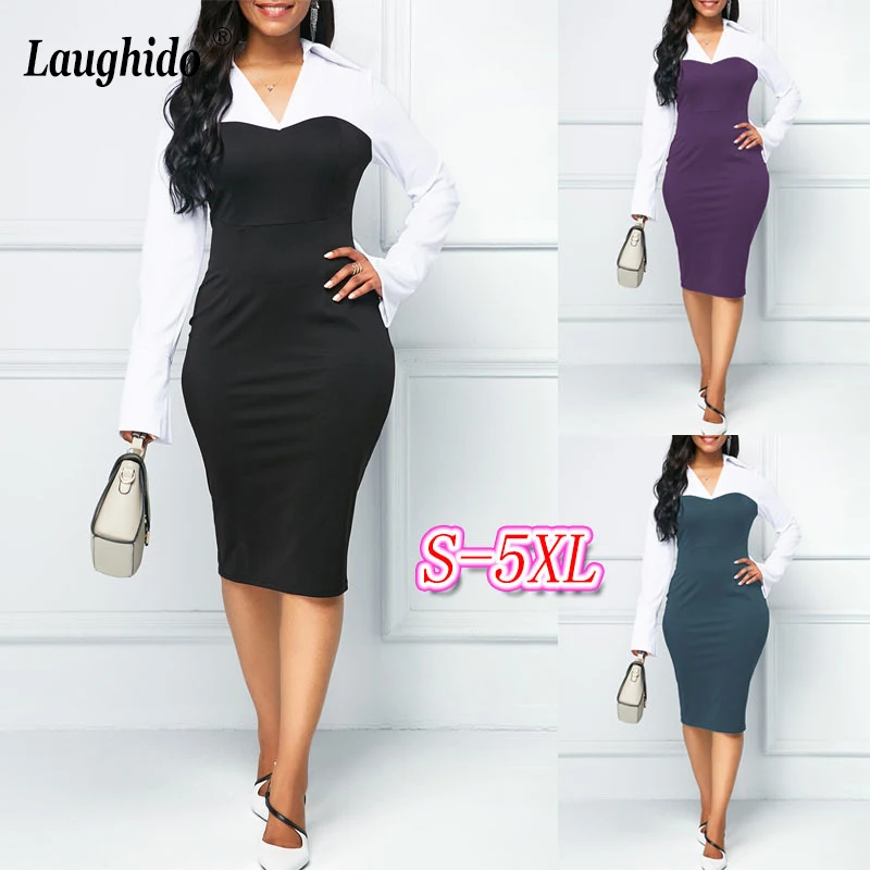 Laughido плюс размер облегающее платье с длинным рукавом контрастное миди Vestidos элегантные офисные платья карандаш платье Весна Лето Халат