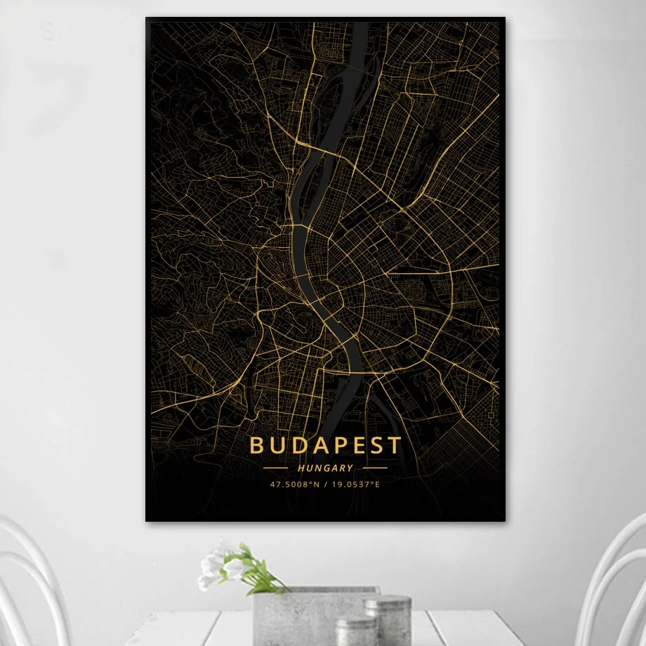 Карта города Будапешт Венгрия золотая карта холст Художественная печать