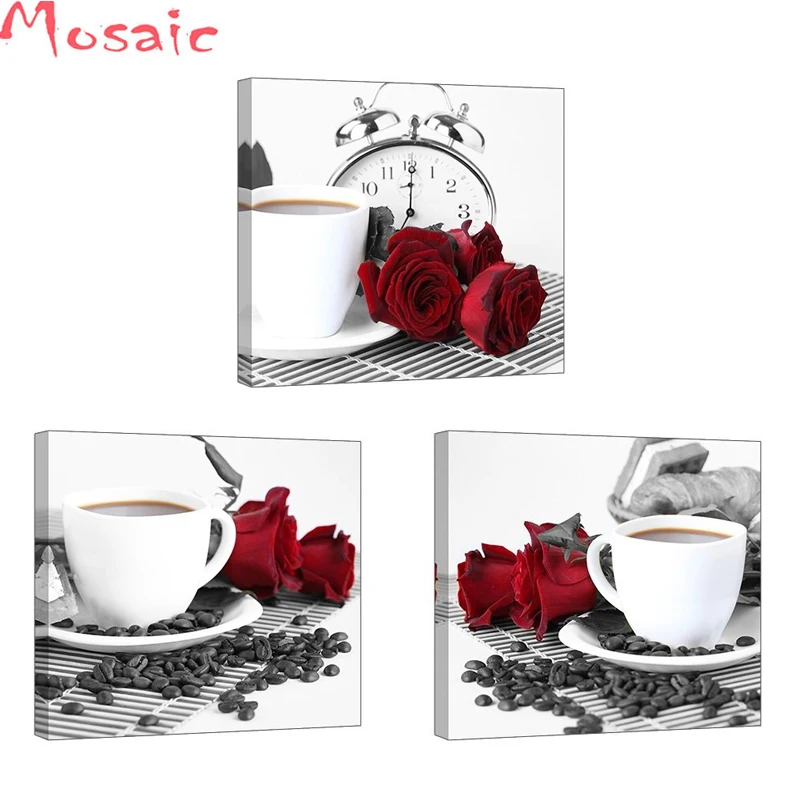 

diamond painting cross stitch kits"3 Piece Romantic Canvas Prints of Red Rose and Coffee"Full drill mosaic Diamond Embroidery