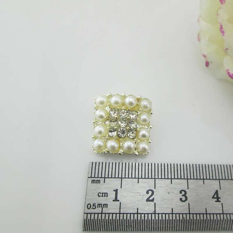 

(BT263 18mm)5pcs square metal shank ivory pearl rhinestone buttons