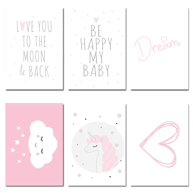 

Kawaii Pink Unicorn Cartoon Posters and Prints Nordic Wall Decor Canvas Baby Girl Nursery Bedroom Decoration Abstract Painting