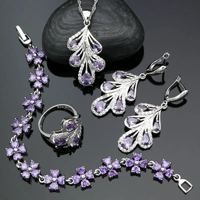 

Plant 925 Sterling Silver Bridal Jewelry Sets For Women Purple Cubic Zirconia Earrings Pendant Ring Bracelet Necklace Sets
