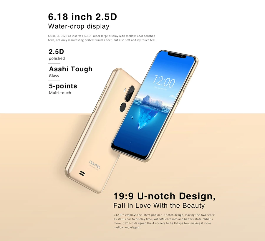OUKITEL C12 Pro 4G 6,1" 19:9 Android 8,1 Face ID 3300 мАч MT6739 четырехъядерный 2 Гб ОЗУ 16 Гб ПЗУ 8МП+ 5Мп отпечаток пальца мобильный телефон