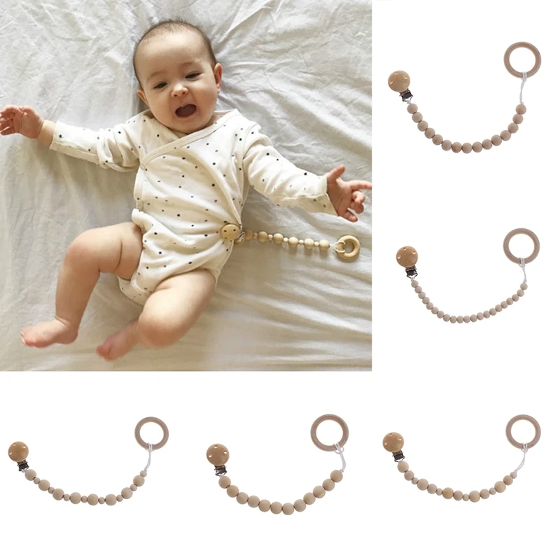 

Baby Natural Wooden Beaded Pacifier Holder Clip Nursing Teether Dummy Chain Gift New