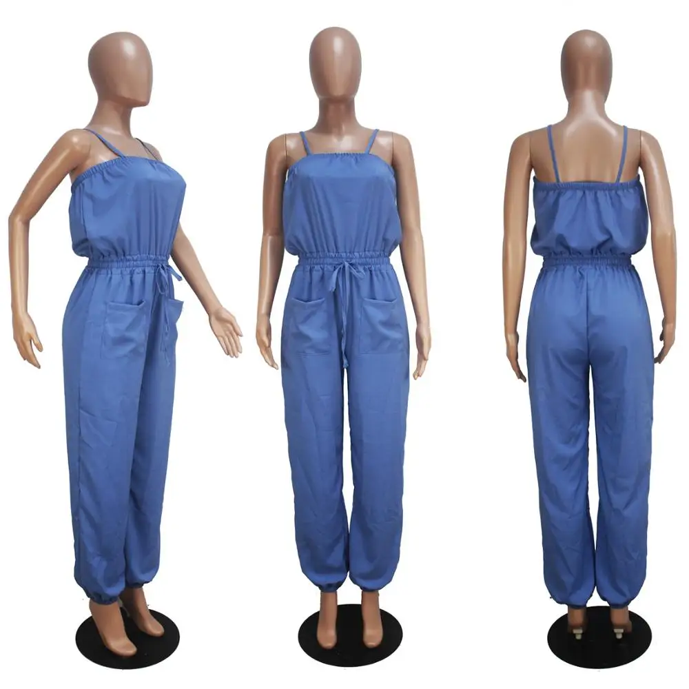 

Blue Casual Strap Strapless Corset Pocket Loose Solid Jumpsuits Overalls Party Female Romper Playsuits
