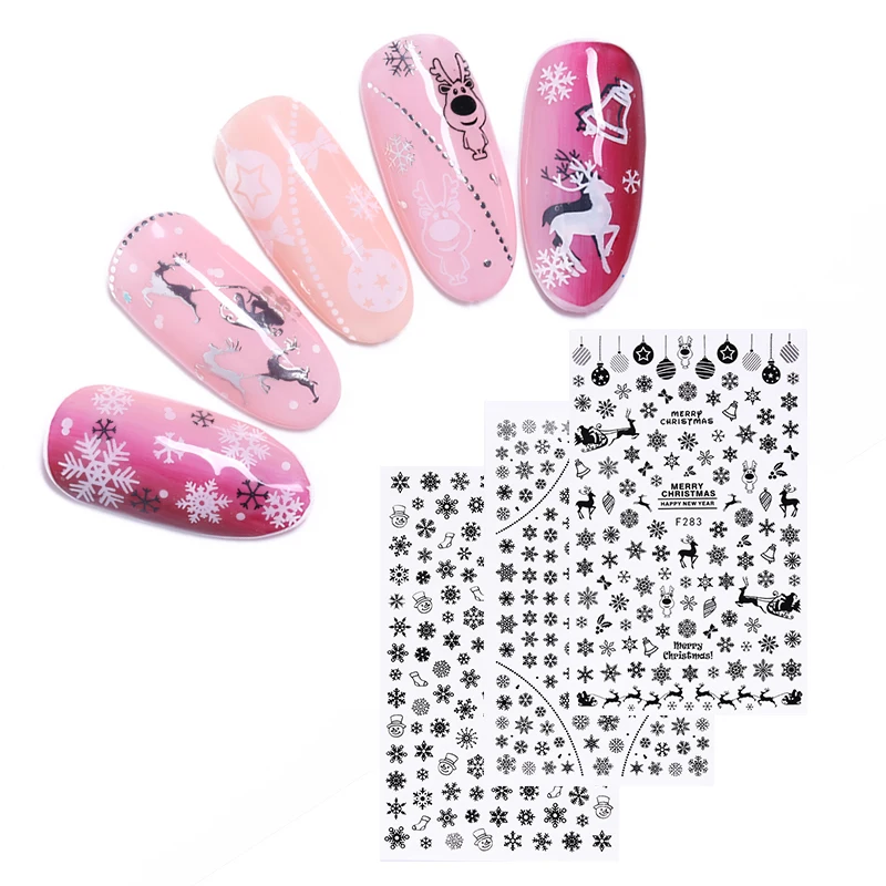 3D наклейки для ногтей лося Рождественский узор переводные Черный Белый