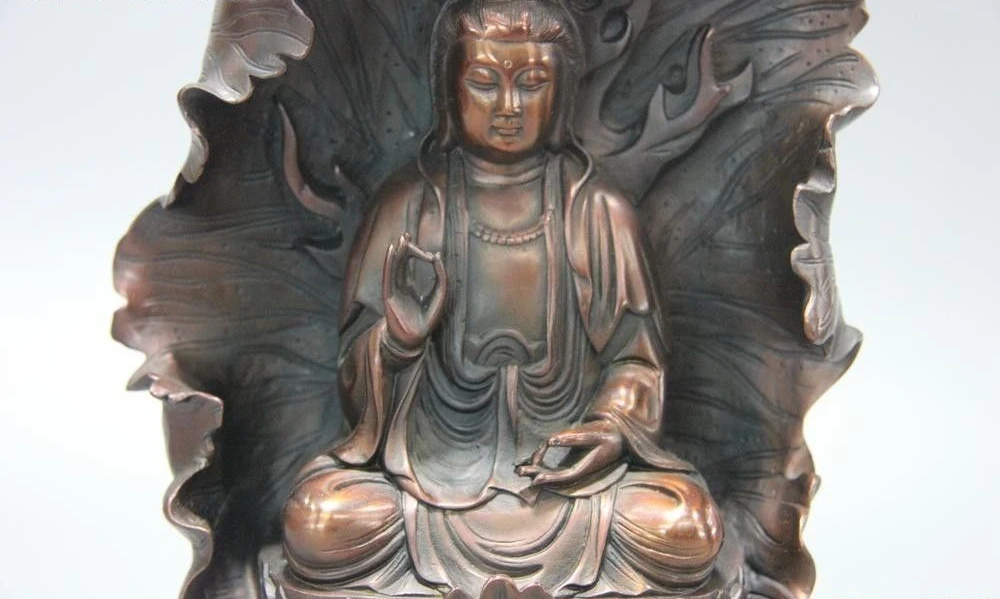 Китайский буддийский из бронзы медный лист лотоса Kwan-yin статуя Бодхисаттвы