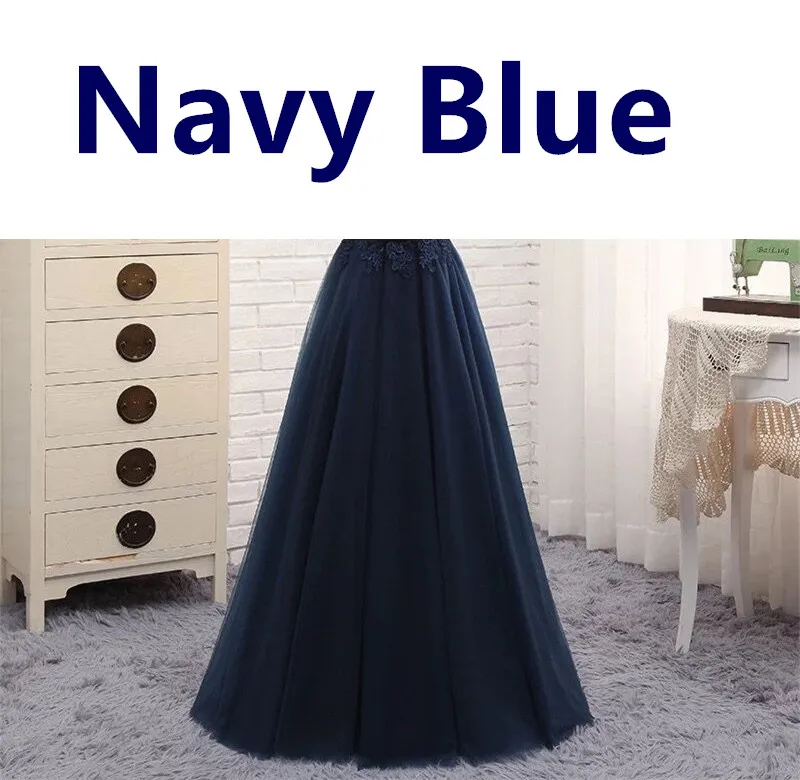 Navy Blue ТРАПЕЦИЕВИДНОЕ кружевное элегантное вечернее платье с короткими рукавами, вечерние платья на выпускной, голубое, розовое, серое, белое, красное свадебное платье, длинное торжественное платье DR05 - Цвет: Navy Blue