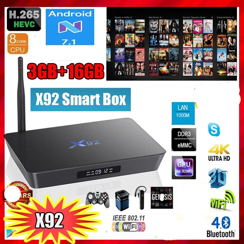 X92 ТВ приставка android 7,1 3 ГБ 32 ГБ Amlogic S912 Восьмиядерный 2,4 ГГц/5,8 ГГц WiFi Bluetooth USB 2,0