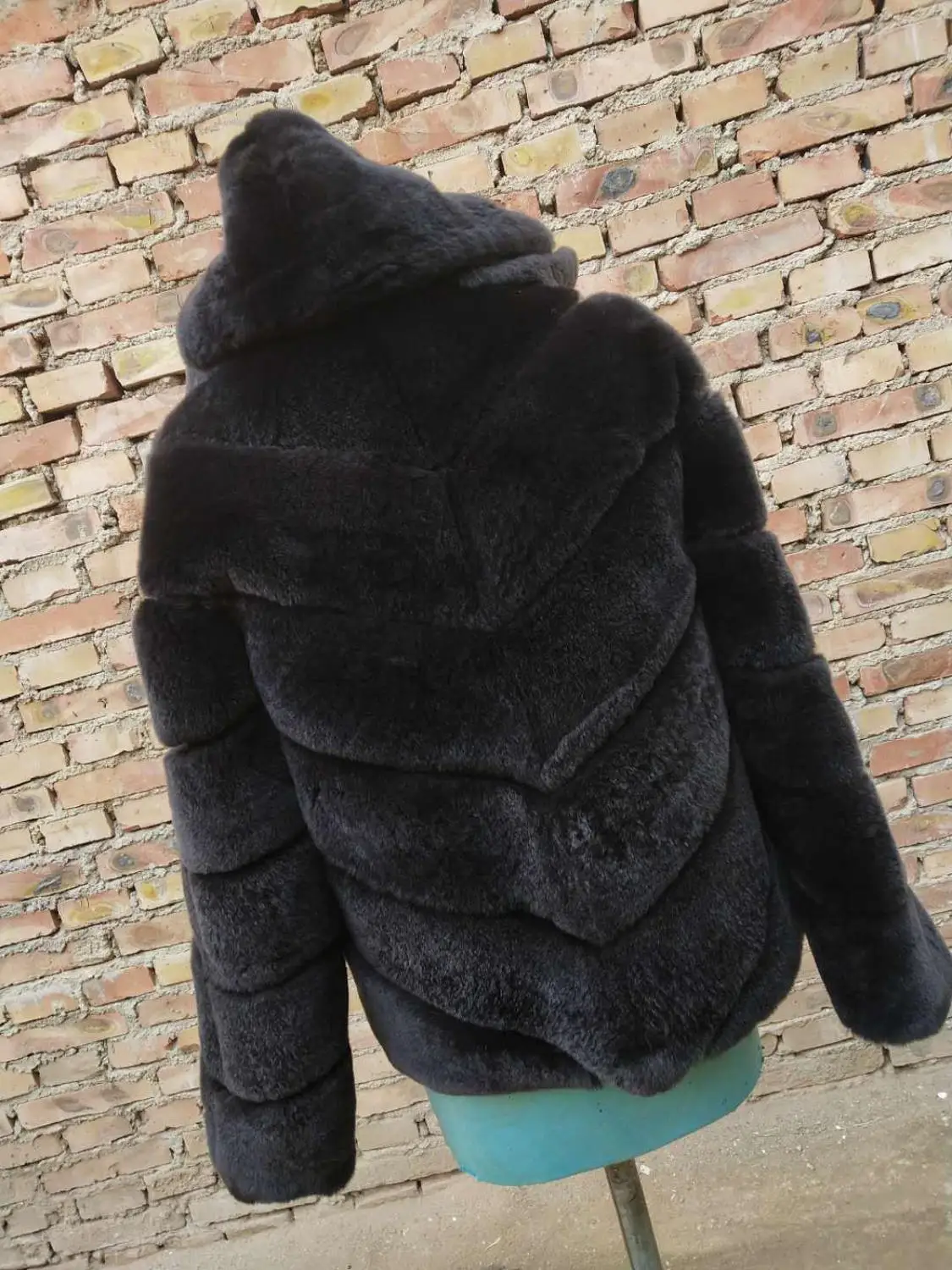 Short Light Grey Diagonal Stripes Rex-Fur Hooded Coat Jacket Black Real Fur Coat Top Overcoat Blazer Custom Hoodie Warm Jackets