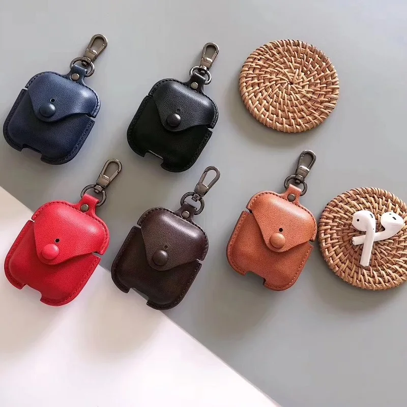 

Leather Cover Change Purse Style Hasp Button Lock Out Flip-Open Airpods Case Include Anti-lost Chain Easy Carrying Along With