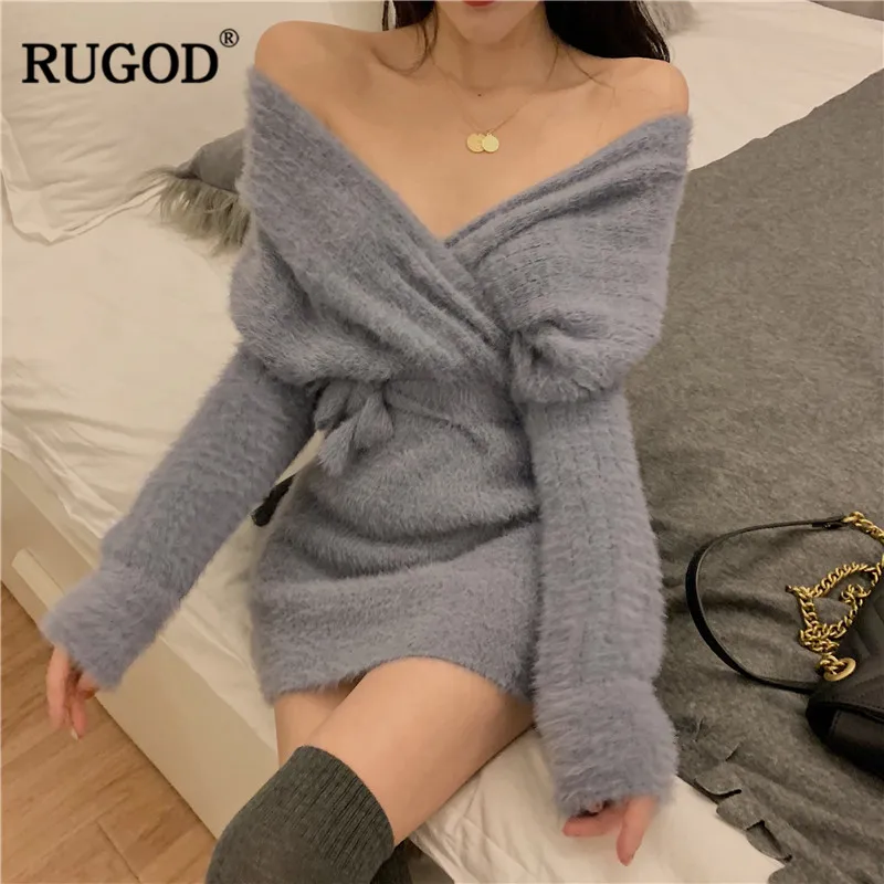 RUGOD однотонное повседневное женское платье-свитер платье-футляр с v-образным