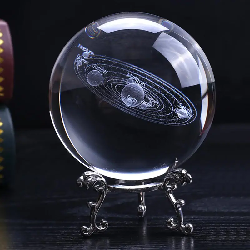 With silver base 100 мм 3D солнечная система хрустальный шар миниатюрная Лазерная Выгравированная модель планеты Сфера подарок для астрофиле украшение домашний декор - Цвет: With silver base