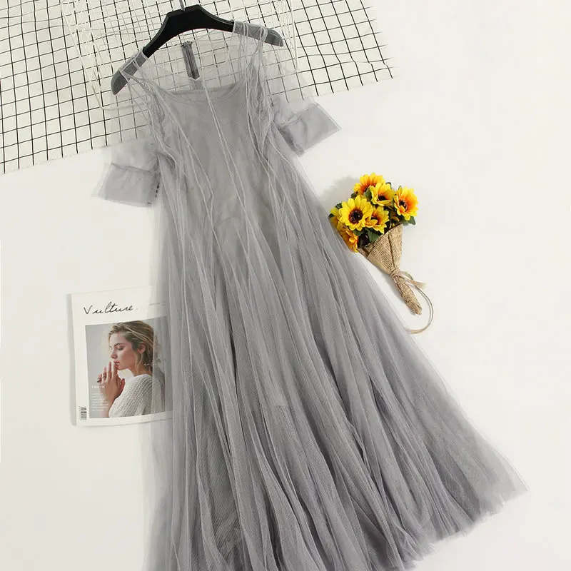 Women Dress Женское бальное платье из плиссированного тюля с коротким рукавом-фонариком, повседневное облегающее сетчатая вуаль с высокой талией и оборками - Цвет: Women Dress